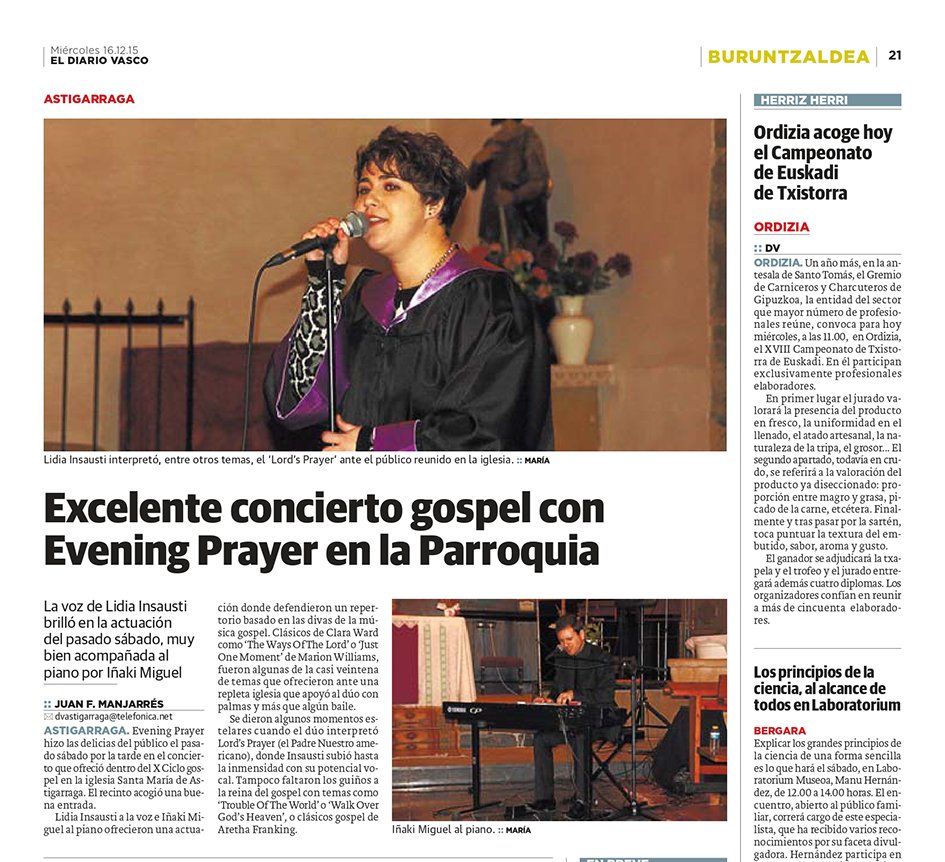 Evening Prayer con Lidia Insausti en concierto gospel en Astigarraga / Evening Prayer Lidia Insaustirekin gospel kontzertuan Astigarragan